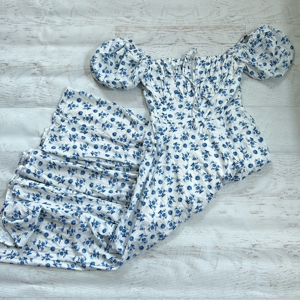 Women’s Puff Sleeve Floral Maxi Dress Blue White SMALL